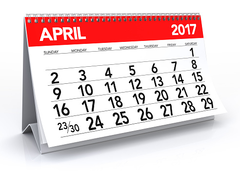 April 2017 Calendar. Isolated on White Background. 3D Illustration