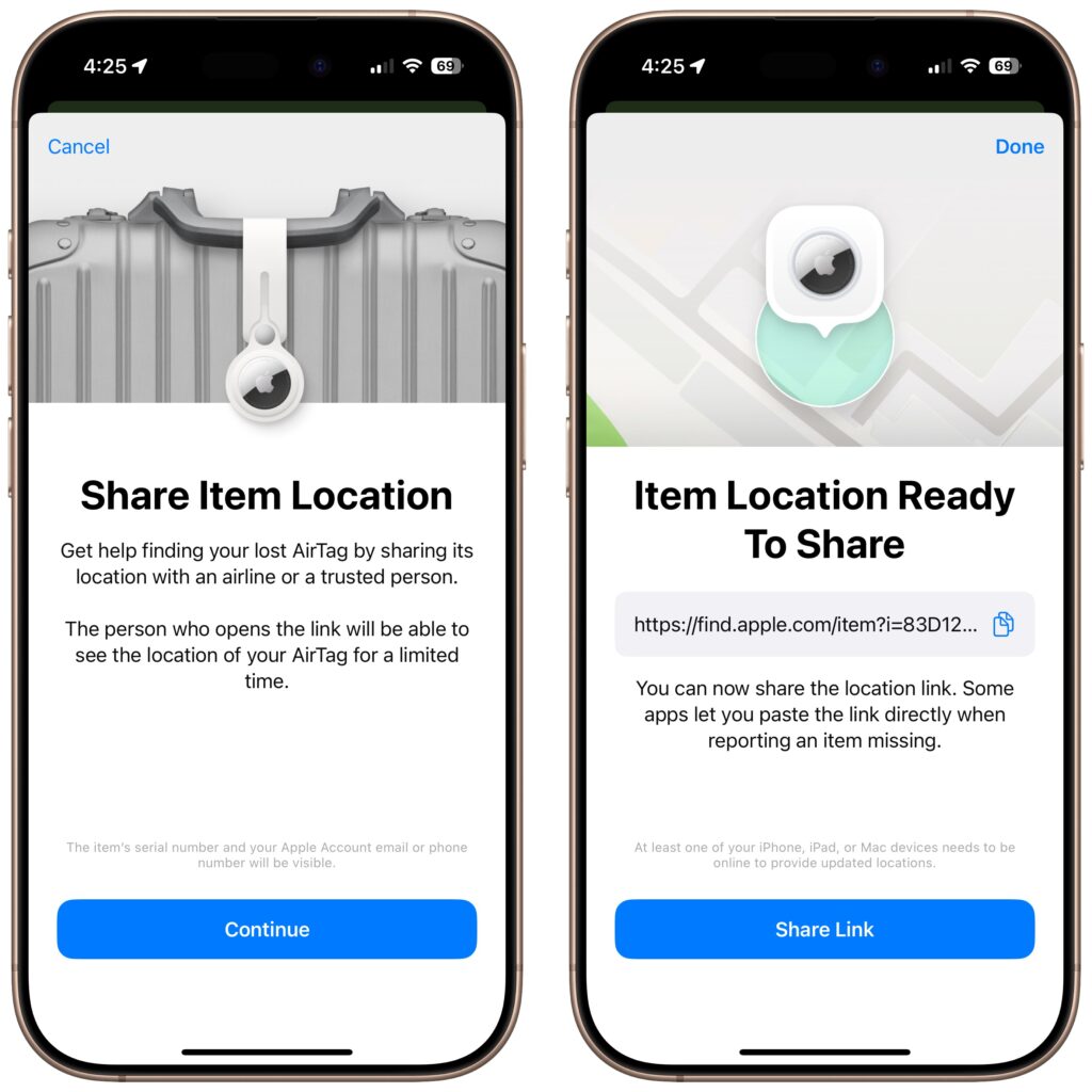 The new Share Item Location feature in Find My enables you to share the location of a lost AirTag or another item tracked by Find My with anyone, including airline reps who can use it to locate lost luggage for you.